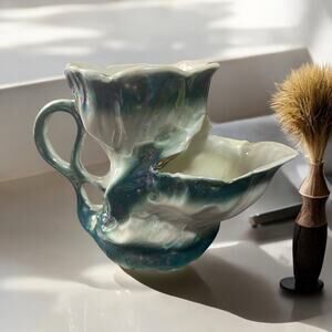 Antique German Blue, White Marbled Shaving Mug 19th Century Mark 820 Dual Design